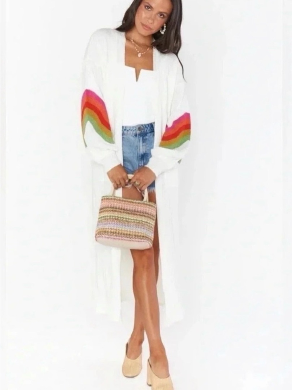 Show Me Your MuMu Sunset Cream Open-Front Cardigan Rainbow Stripe L